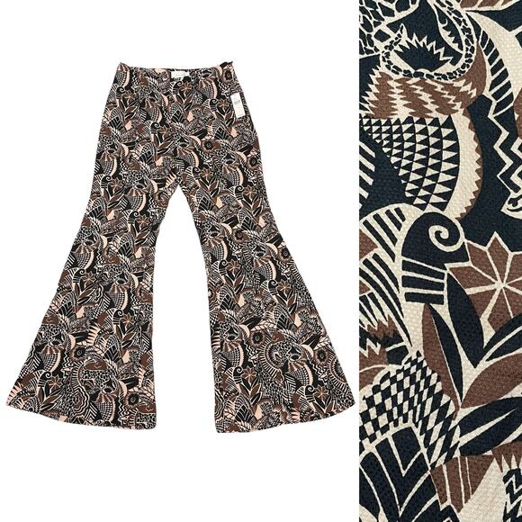 NEW Anthropologie Drapey Flare Pants Viscose Brown Motif Jungle Print - Size 4 - Picture 1 of 16